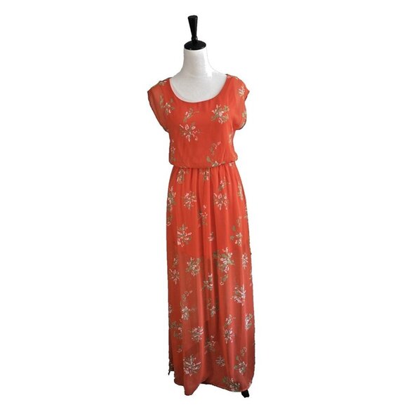Lush Floral Orange Maxi Dress Women's Sz X-Small Pullover Bohemian Cottagecore - Picture 1 of 13